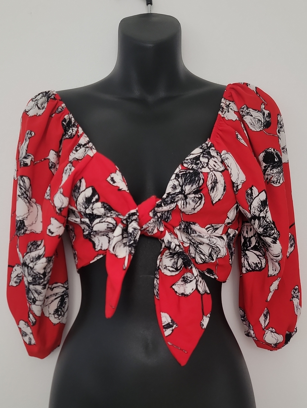 Red Floral Tie-Front Crop Top